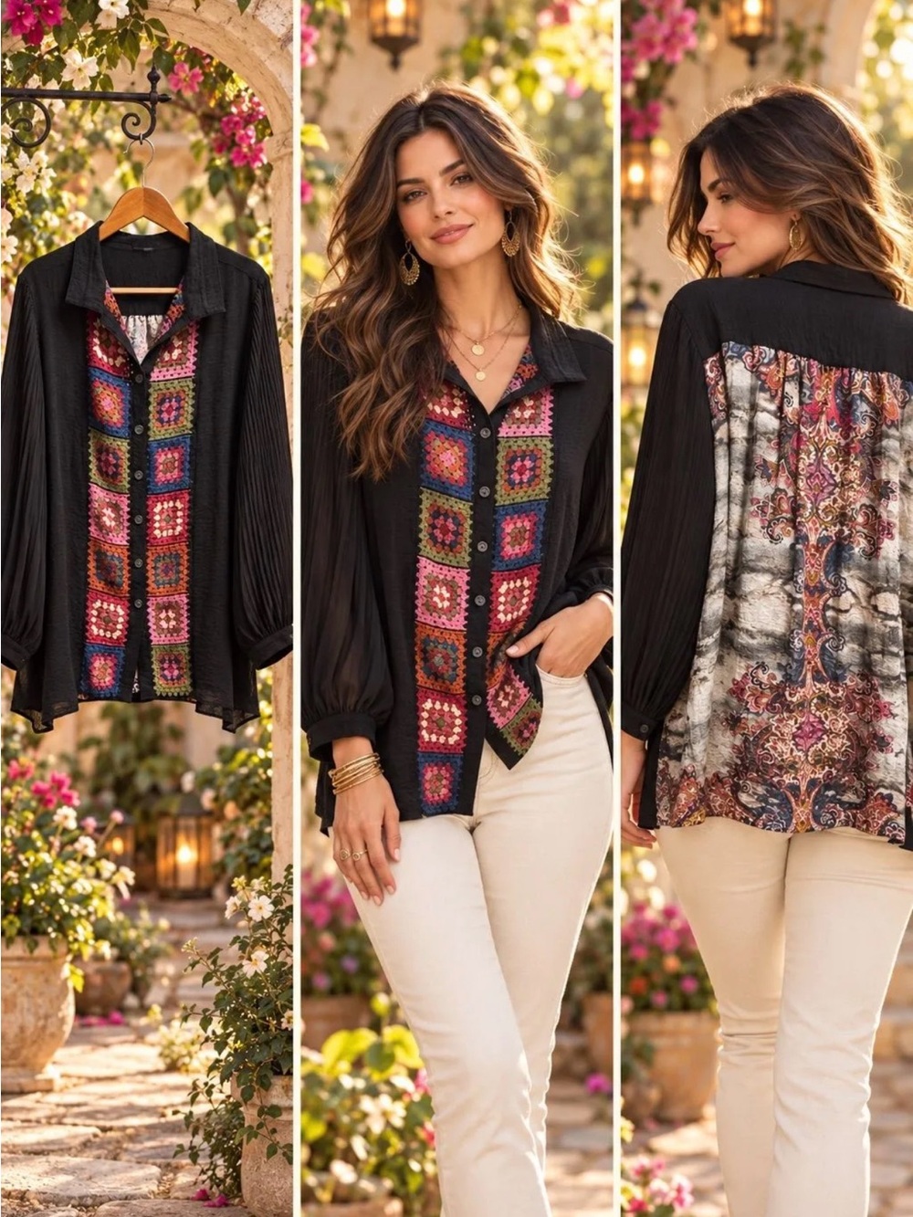 John Mark Crochet Patchwork Button-Up Tunic Blouse